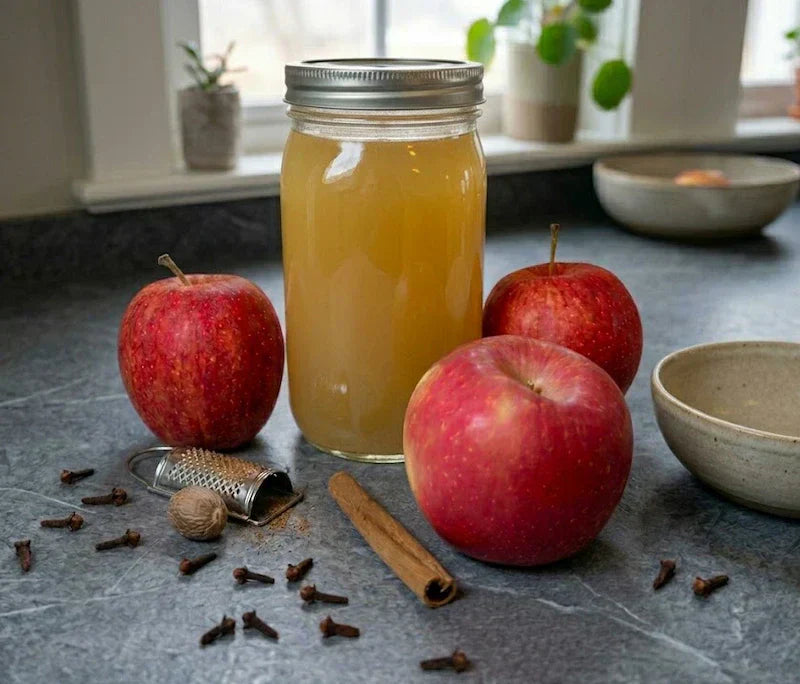 homemade apple cider using a juicer served in a glass
