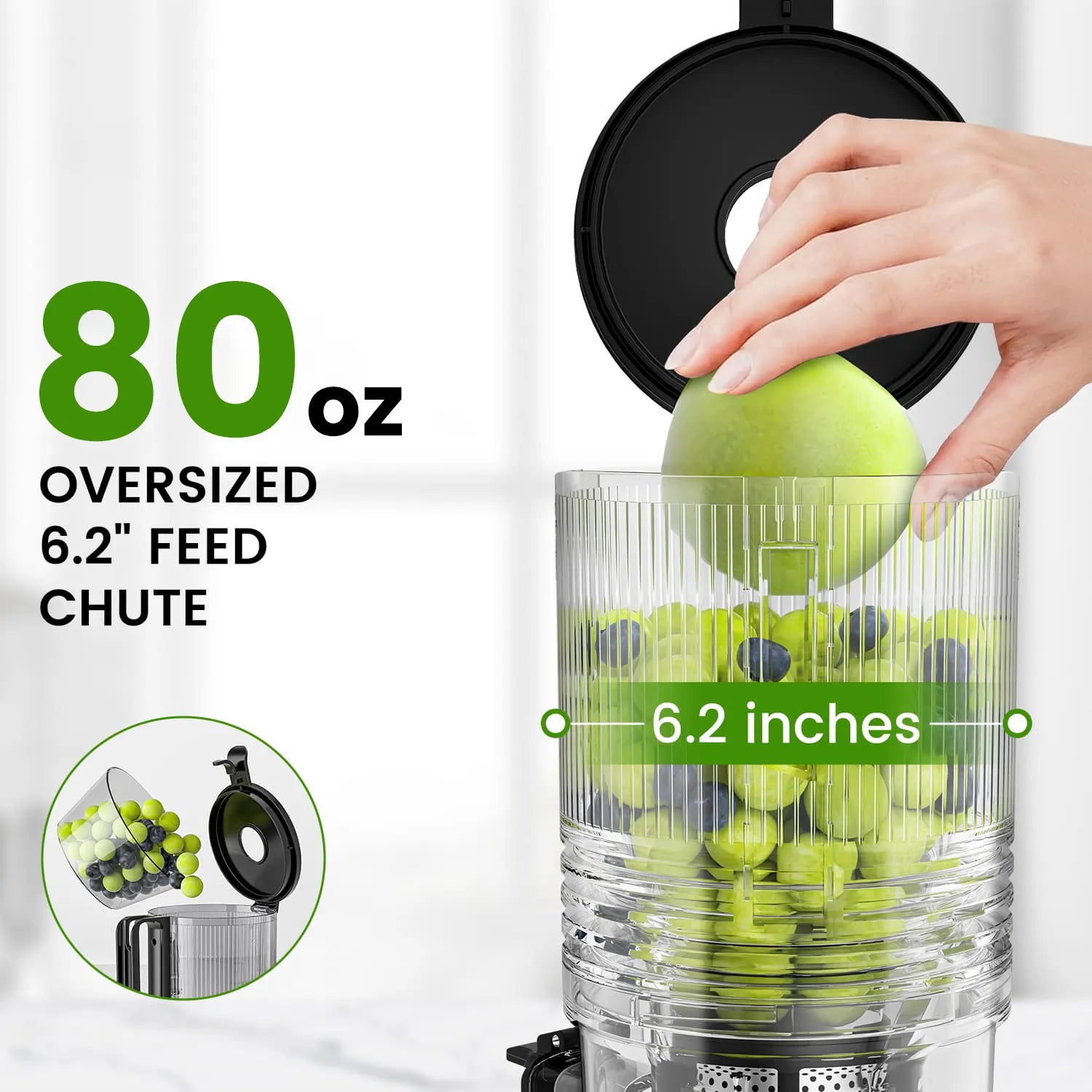 The hopper of the Canoly JE-24 Hands-Free Slow Juicer has a large capacity of 80 oz and a diameter of 6.2 inches. It can directly hold a whole apple and a large amount of fruits.