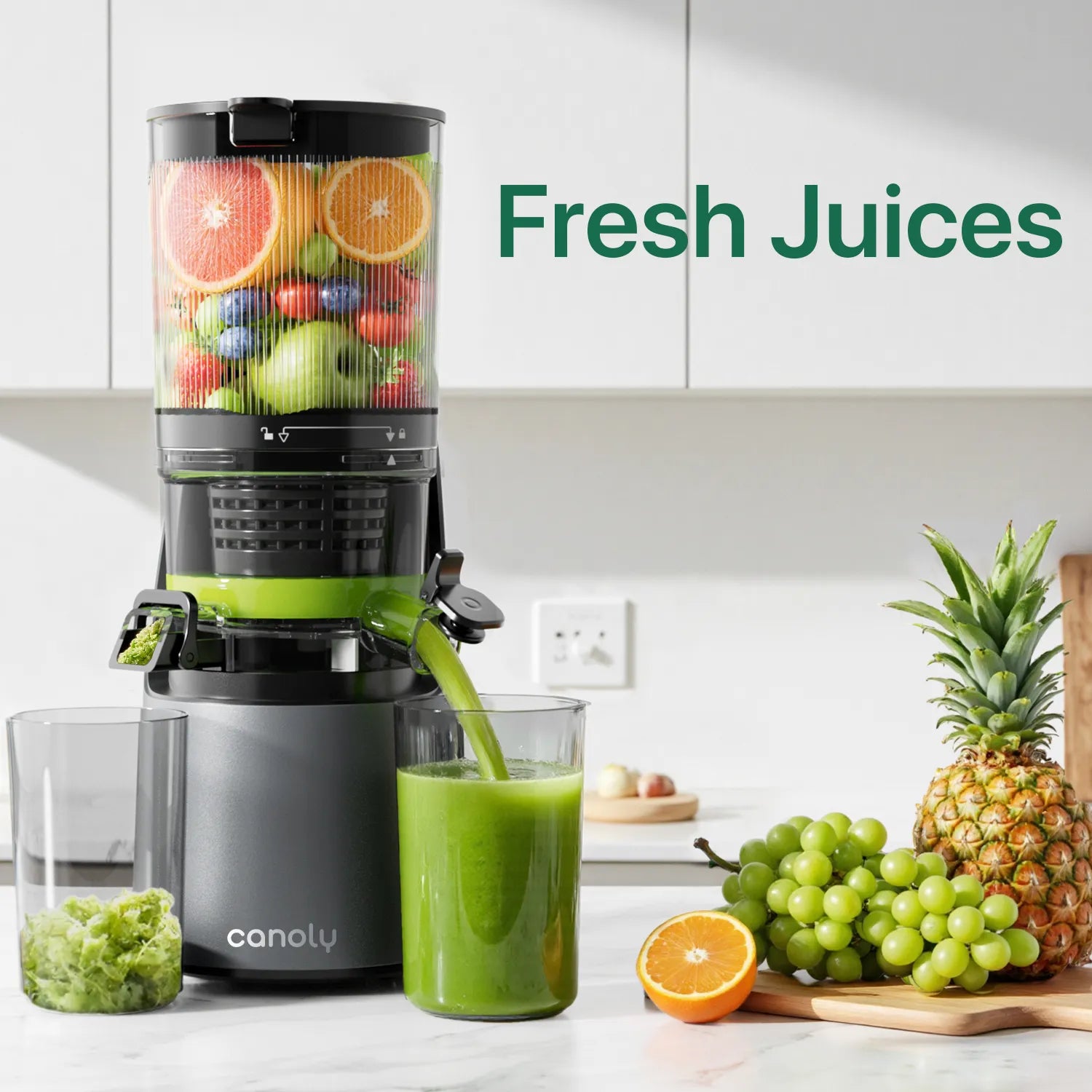 Canoly C16 cold press juicer making fresh cold pressed apple and orange juice, grey