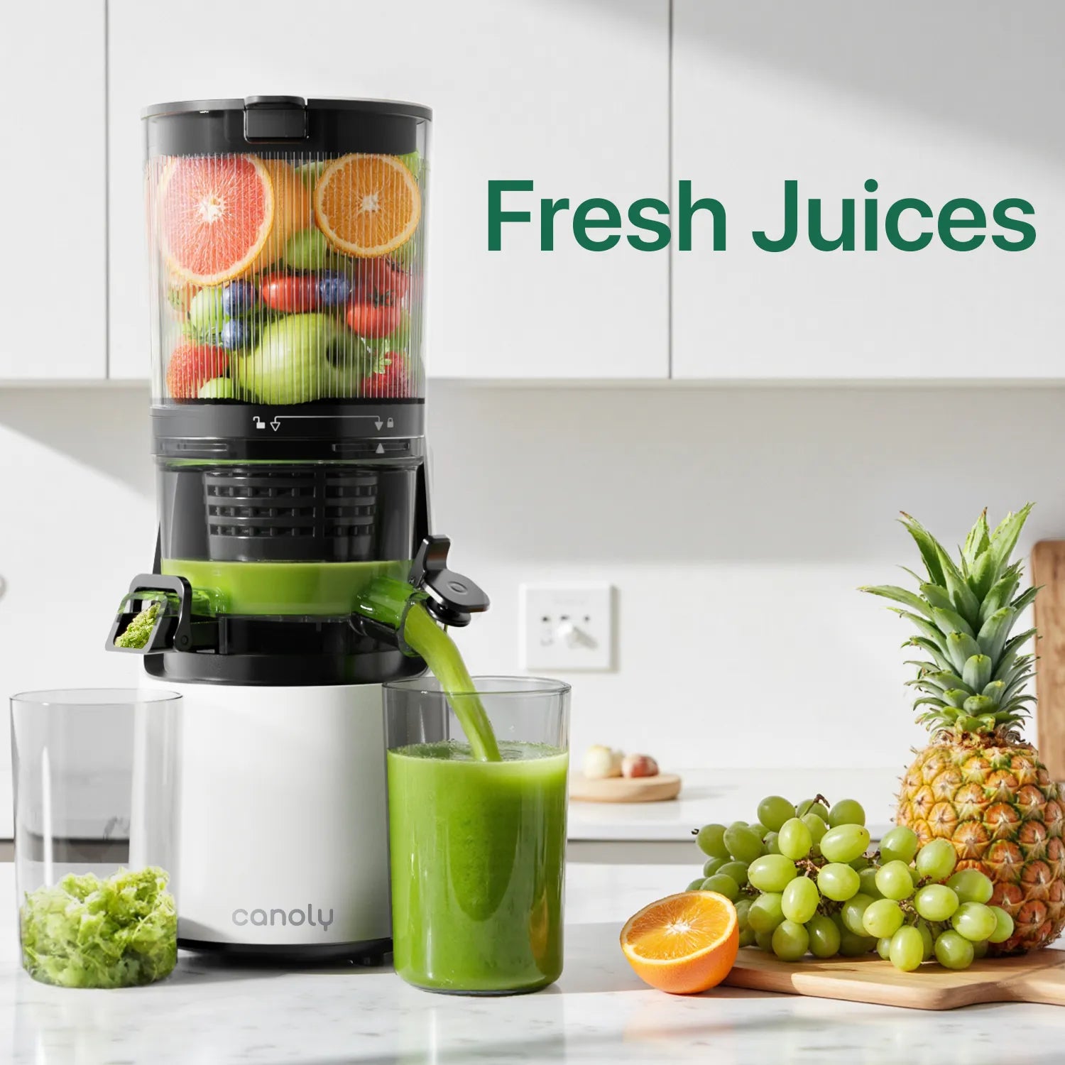 Canoly C16 cold press juicer making fresh cold pressed apple and orange juice, white