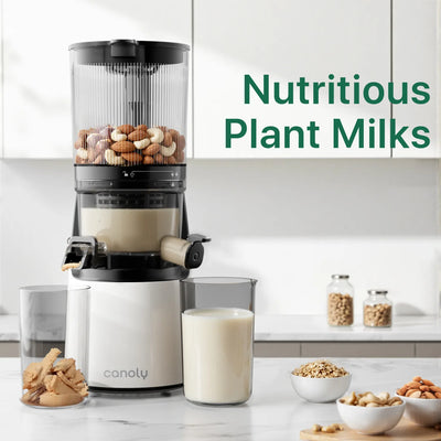 Canoly C16 juicer making plant milk from walnuts and almonds with slow masticating, white